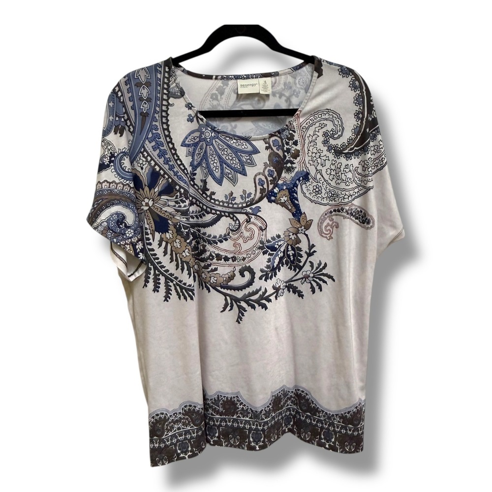 Zenergy Chicos Womens Paisley Bejeweled Short Sleeve Scoop Neck Top Cream 3 XL